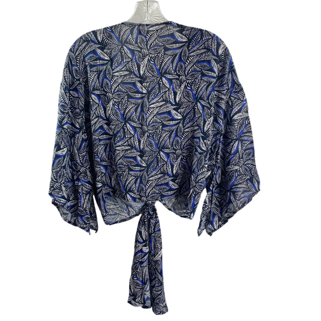 JAPNA Size SMALL Black/White/Blue Flocked 3/4 Sleeve Tie in front Viscose TOP