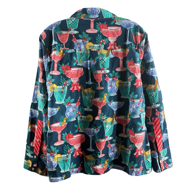 PRINTFRESH Size MEDIUM Teal/Multi Print Long Sleeve Button Front BLOUSE