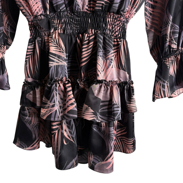 MISA Size SMALL Black/Pink Ferns Long Sleeve Polyester DRESS