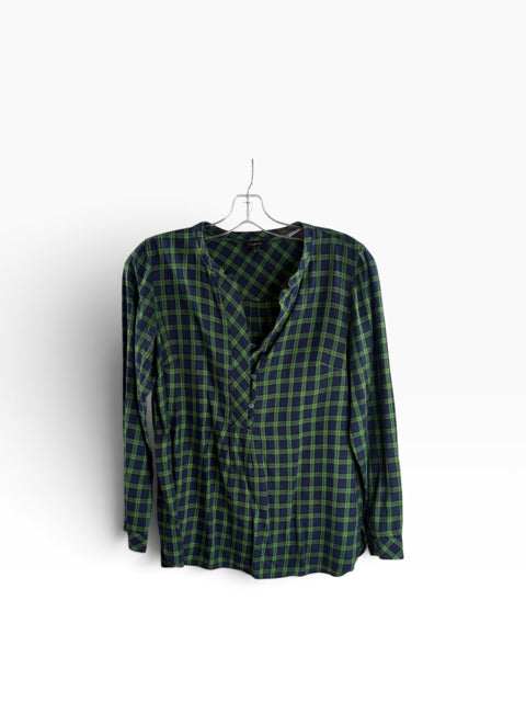 TALBOTS Size LARGE Navy/Green Plaid Long Sleeve Tunic TOP