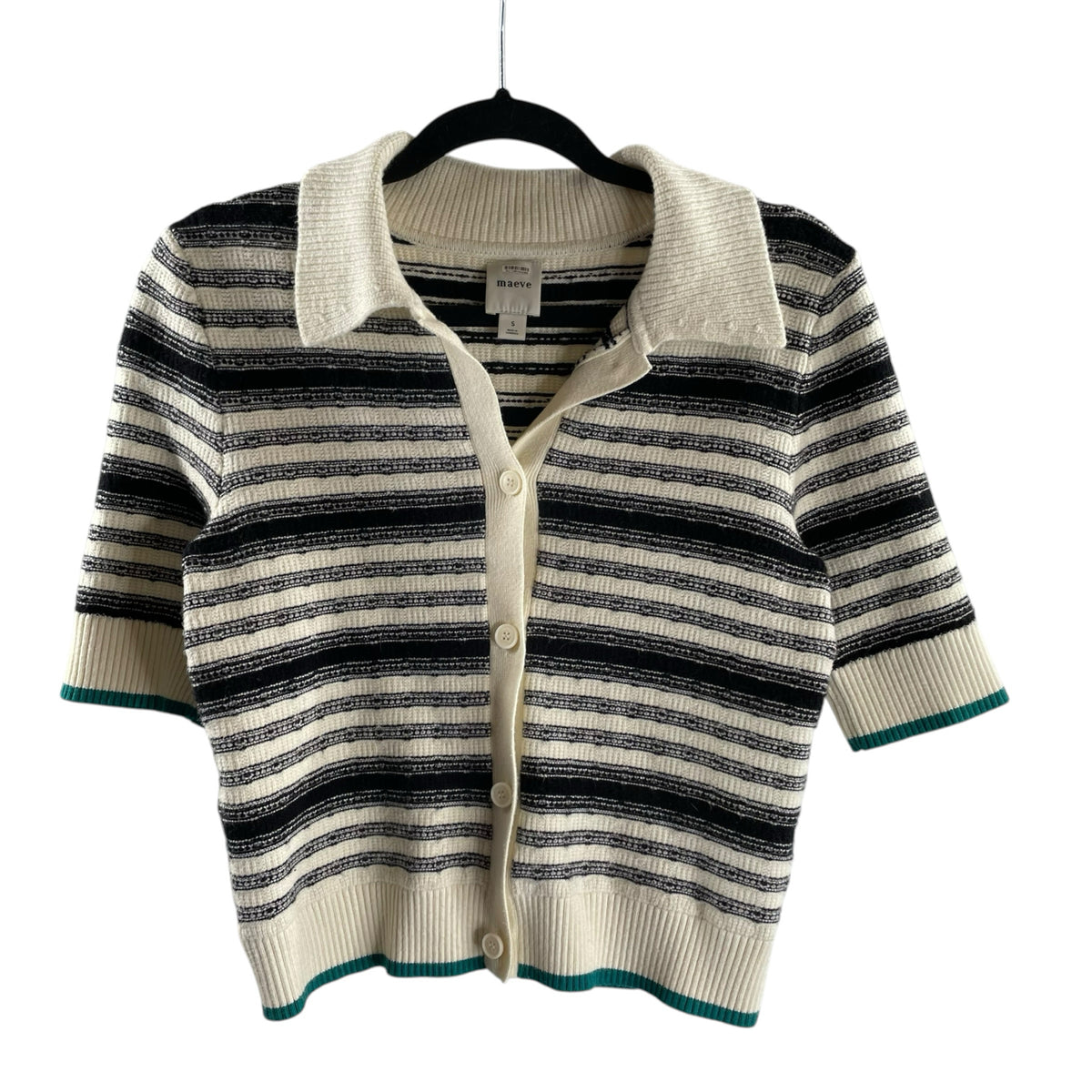 MAEVE Size SMALL Cream/Black Knit Details Short Sleeve Button Front SWEATER