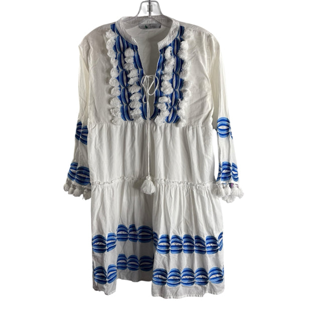 BINDU Size X-SMALL White/Blue Embroidered Long Sleeve Cotton DRESS