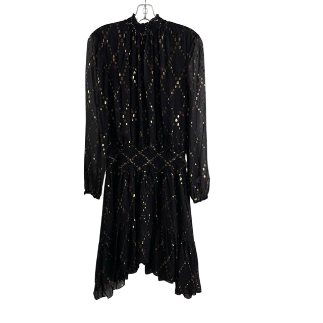 ALC Size 4 Black Metallic Print Long Sleeve Silk DRESS