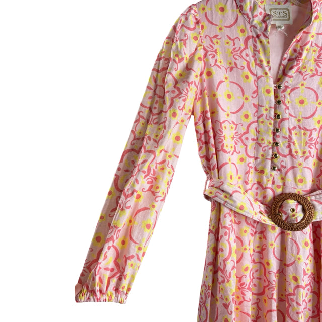 SAIL TO SABLE Size SMALL Pink/Yellow Print Long Sleeve Linen Blend DRESS