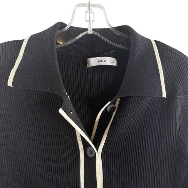 MNG Size LARGE Black/Cream Ribbed Long Sleeve Button Front SWEATER