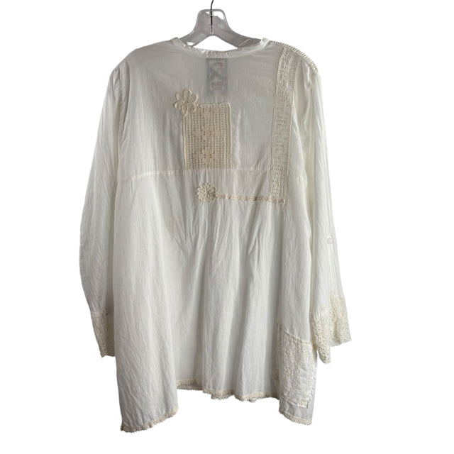 JOHNNY WAS Size MEDIUM White Lace details 3/4 Sleeve Tunic Length Cotton BLOUSE