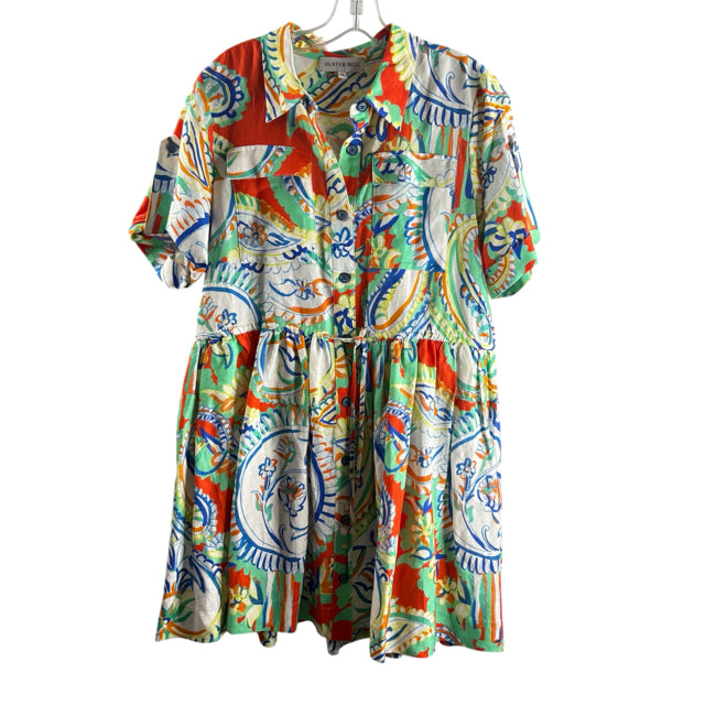 HUNTER BELL Size MEDIUM Green/Multi Print Short Sleeve Linen Blend DRESS