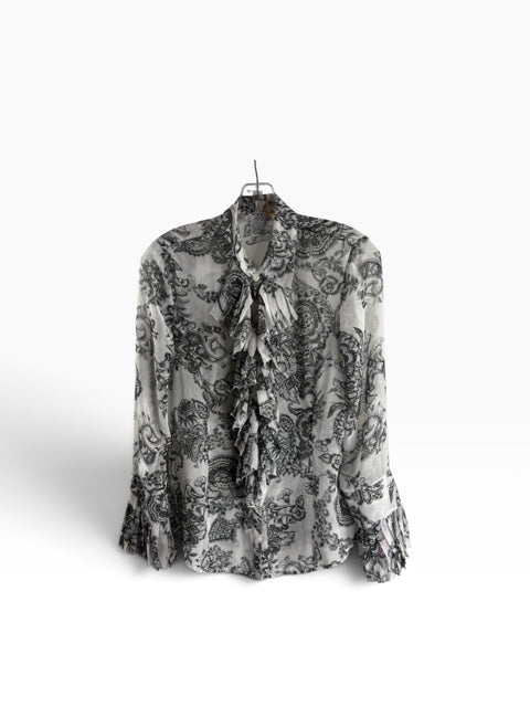 CABI Size SMALL White/Olive Floral Long Sleeve Ruffle Details BLOUSE