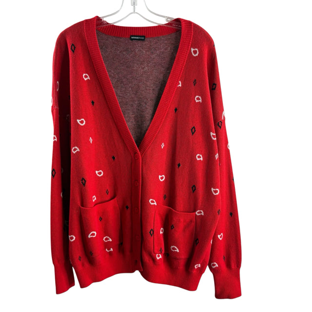MINNIE ROSE Size MED Red/Black/White Diamond Long Sleeve Cardigan SWEATER