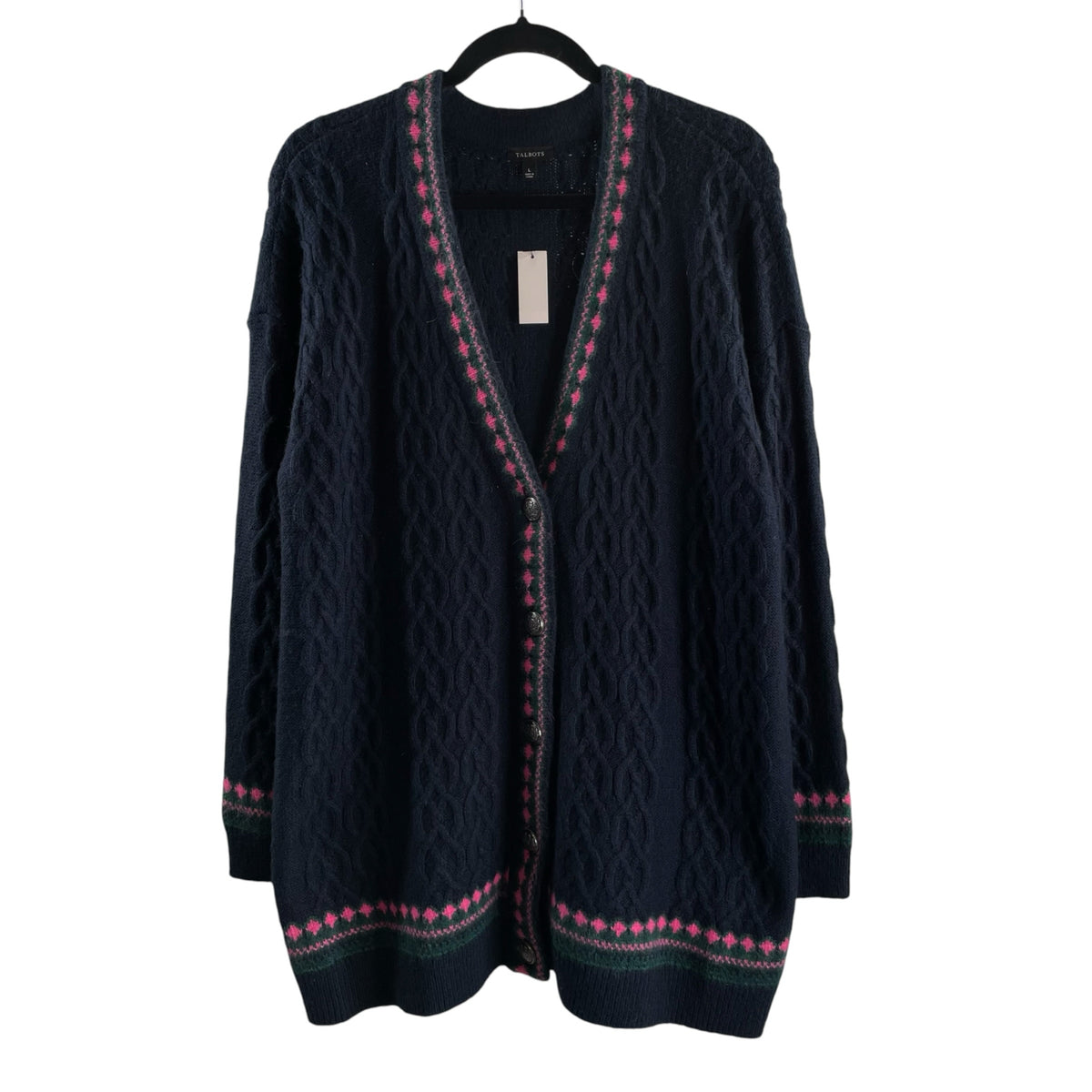 TALBOTS Size LARGE Navy/Pink Piped Long Sleeve Cardigan Nylon Blend NWT SWEATER
