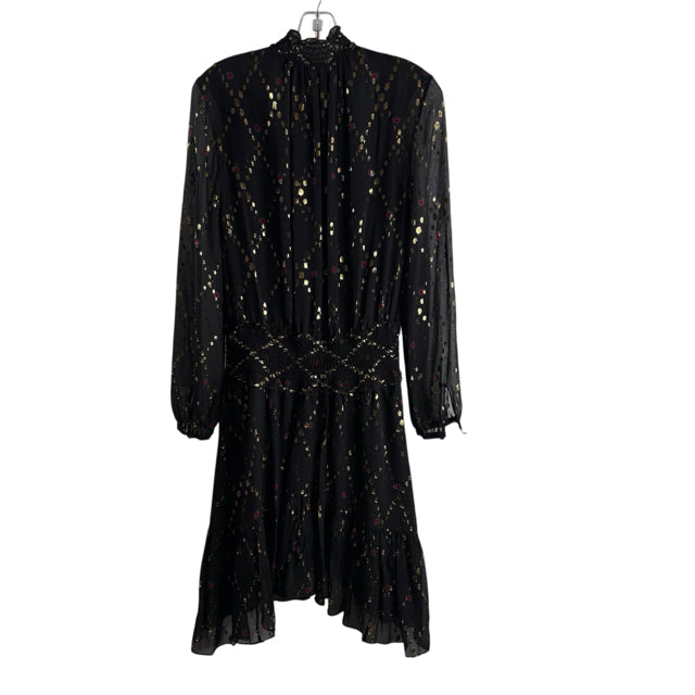 ALC Size 4 Black Metallic Print Long Sleeve Silk DRESS