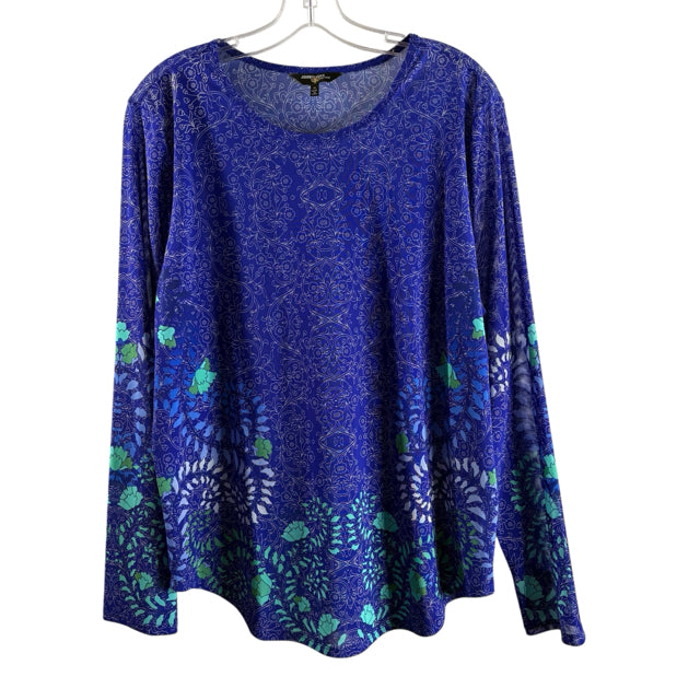 JOHNNY WAS ACTIVE Size X-LARGE Royal/Green Print Long Sleeve Tee Nylon Blend TOP