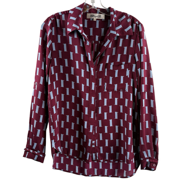 DVF Size 2 Maroon/Blue Print Long Sleeve Button Front Polyester BLOUSE
