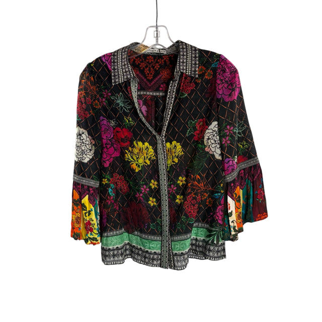 ALICE & OLIVIA Size X-SMALL Black/Multi Floral 3/4 Sleeve Button Front TOP