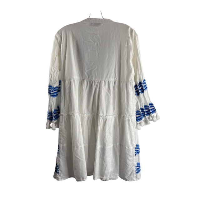 BINDU Size X-SMALL White/Blue Embroidered Long Sleeve Cotton DRESS