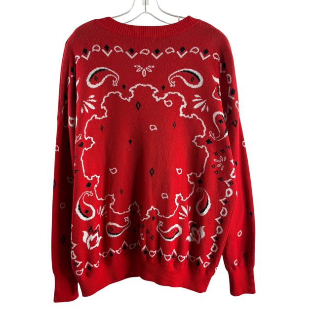 MINNIE ROSE Size MED Red/Black/White Diamond Long Sleeve Cardigan SWEATER
