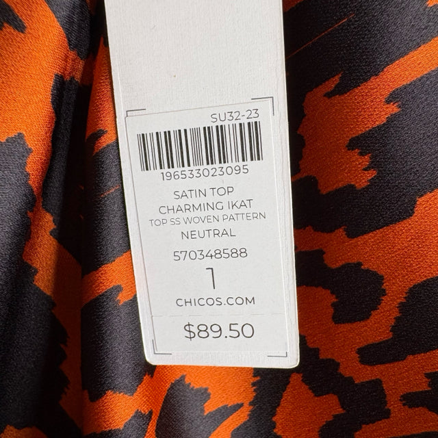 CHICOS Size CHICOS 1 Orange/Black Animal Short Sleeve V-Neck Polyester NWT TOP