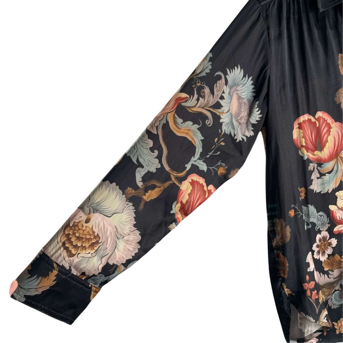 ANTHROPOLOGIE Size LARGE Black Floral Long Sleeve Button at Neck BLOUSE