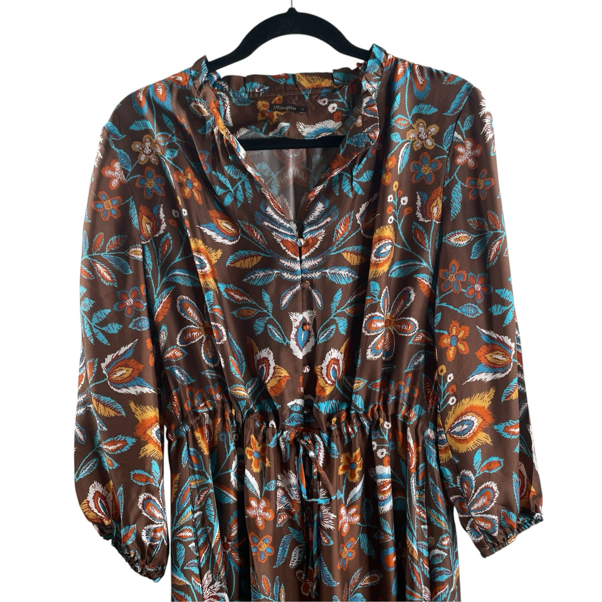 J MCLAUGHLIN Size MEDIUM Brown/Turq Floral Long Sleeve Silk blend DRESS