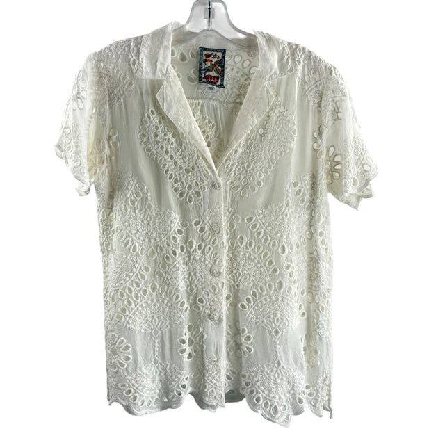 JOHNNY WAS Size X-SMALL White Eyelet Short Sleeve Button Front BLOUSE