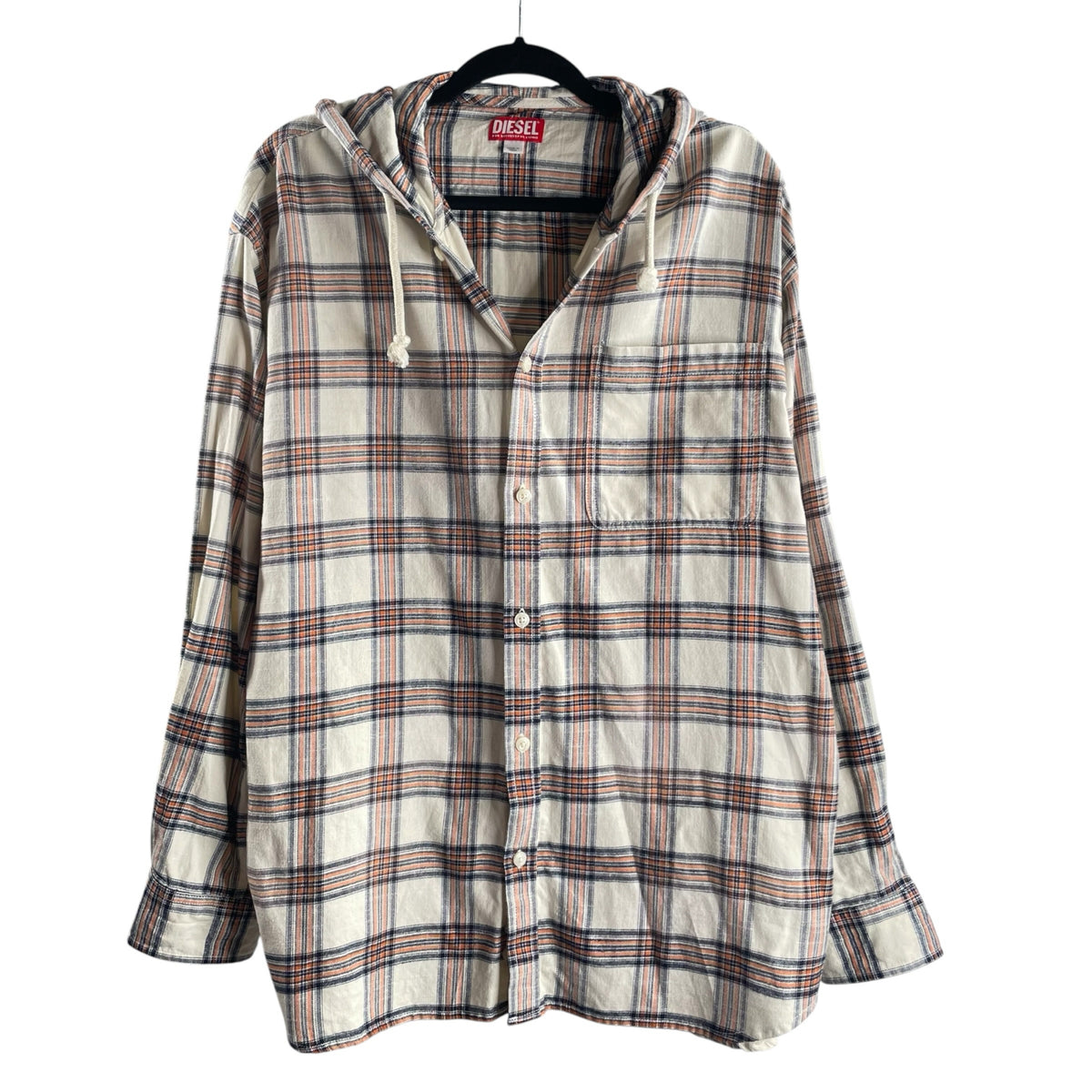 DIESEL Size 46 Cream/Multi Plaid Long Sleeve Hoodie TOP