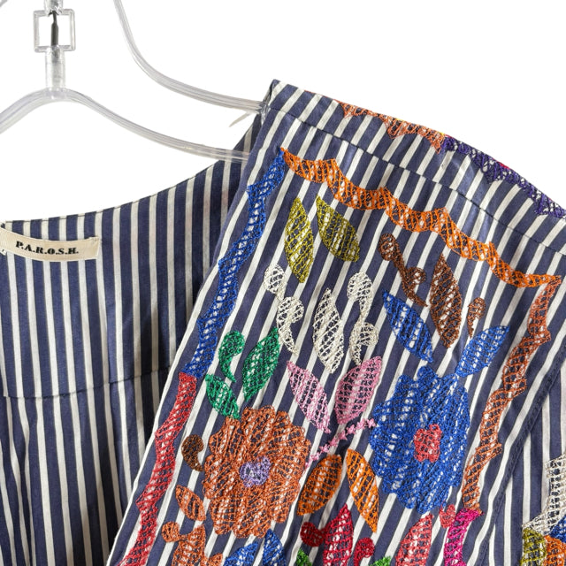 PAROSH Size MEDIUM Blue/Multi Stripe Short Sleeve Tunic Cotton Blend TOP