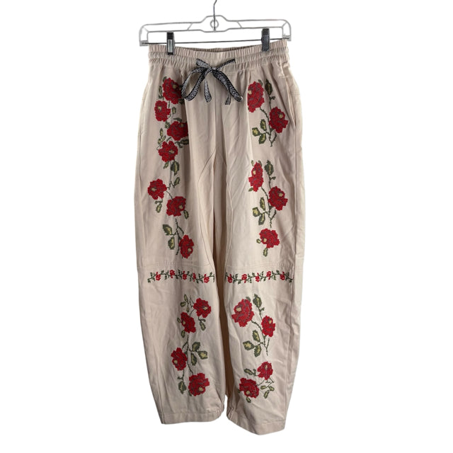 FREE PEOPLE Size MED Cream/Multi Cross Stitch Barrel PANTS