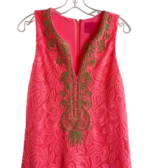 LILLY PULITZER Size 6 Hot Pink Gold Lace Overlay Sleeveless Polyester DRESS