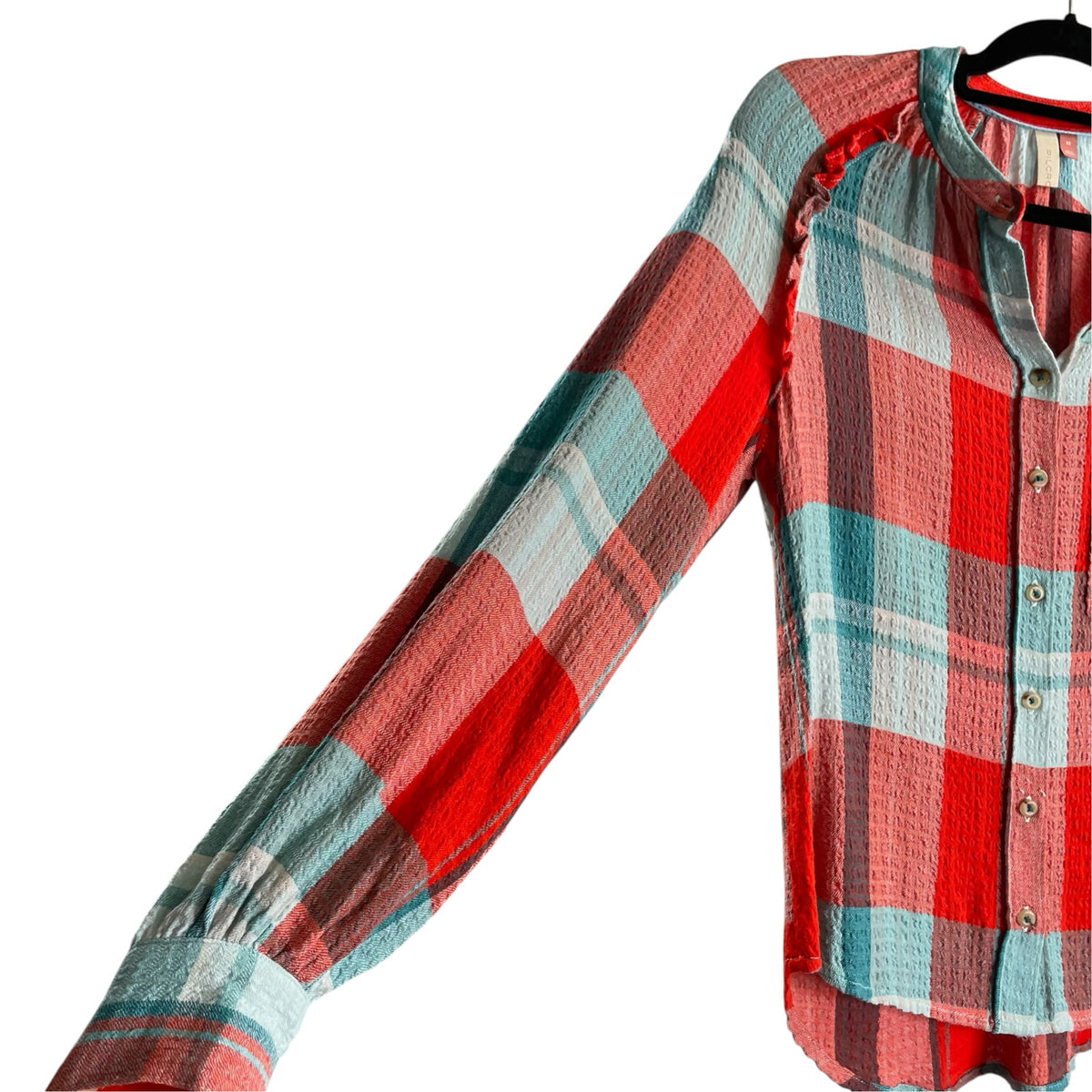 PILCRO Size X-SMALL Turquoise/Red Plaid Long Sleeve B'front Viscose TOP