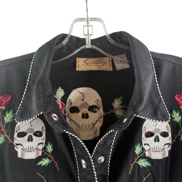 SCULLY Size MEDIUM Black/Multi Embroidered Long Sleeve Snap Front TOP
