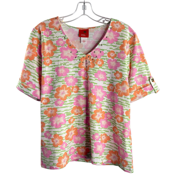 HEARTS OF PALM Size MEDIUM Pink/Green Floral Short Sleeve V-Neck TOP