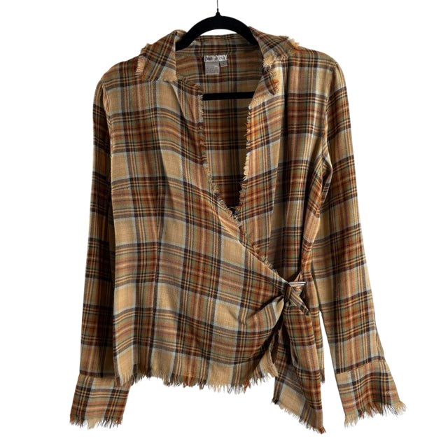 WORTH Size 6 Brown/Multi Plaid Long Sleeve Cross Front BLOUSE