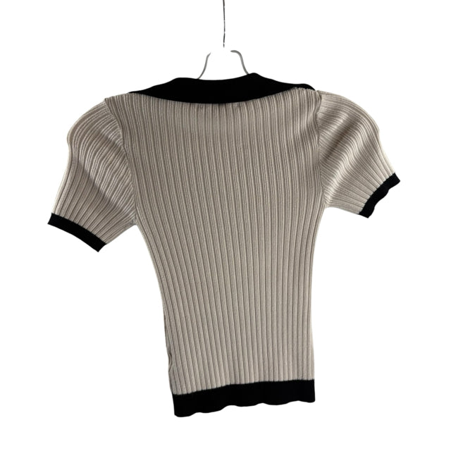 HEARTLOOM Size X-SMALL Cream/Black Ribbed Short Sleeve Crop Viscose/Poly TOP