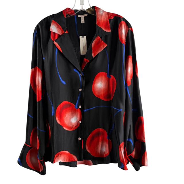 LYREBIRD Size MEDIUM Black/Red Cherries Long Sleeve Button Front Viscose BLOUSE