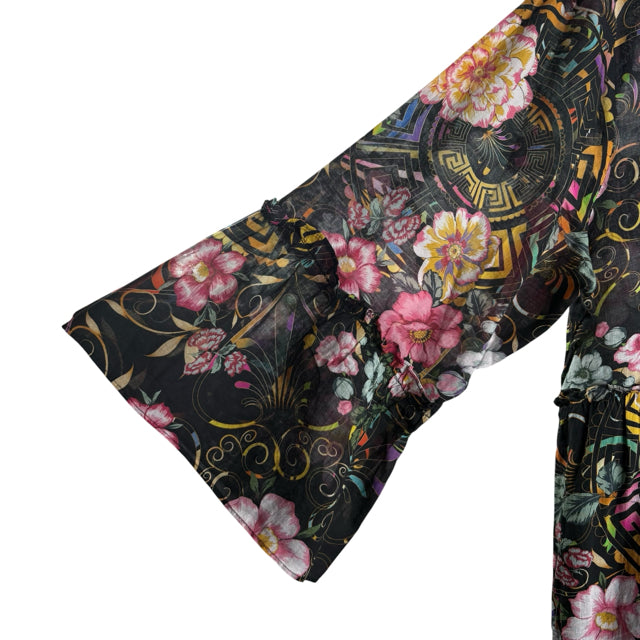 JOHNNY WAS Size LARGE Black/Multi Print 3/4 Sleeve Cotton DRESS