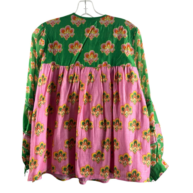 CK BRADLEY Size SMALL Green/Pink Floral Long Sleeve Peasant Viscose BLOUSE