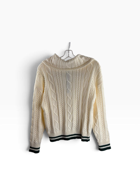 LOVELY Size MED Cream/Green Cable Long Sleeve SWEATER