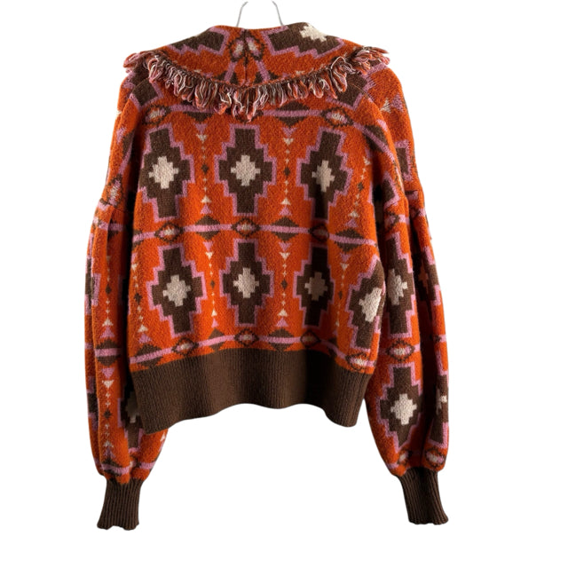 CIDER Size SMALL Pink/Brown Print Long Sleeve Cardigan SWEATER