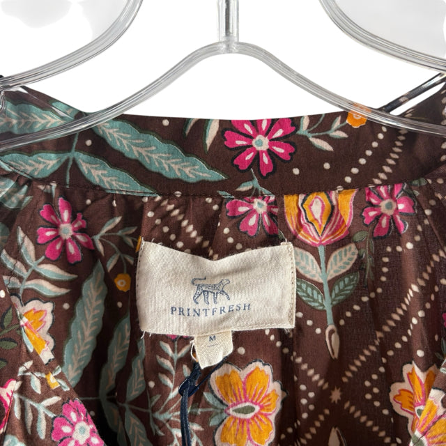 PRINTFRESH Size MEDIUM Brown/Multi Floral Long Sleeve Organic Cotton NWT DRESS