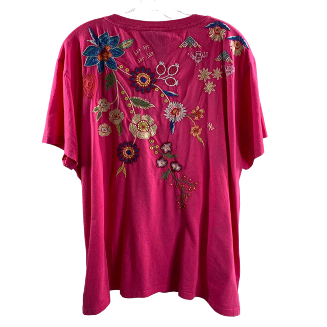 JOHNNY WAS Size XX-LARGE Hot Pink Embroidered Short Sleeve Tee Cotton TOP