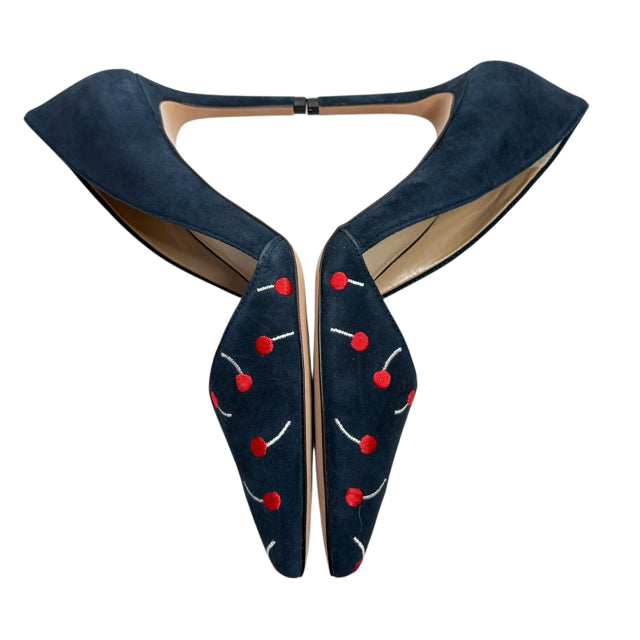 ANN T Size 9 Navy Red Embroidered Sling Suede SHOE