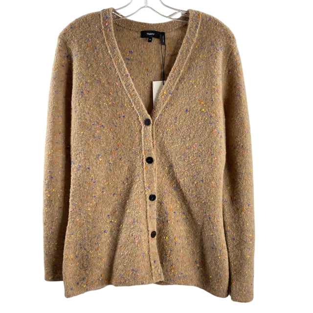 THEORY Size MEDIUM Tan/Multi Speckled Long Sleeve Cardigan Merino Blend SWEATER