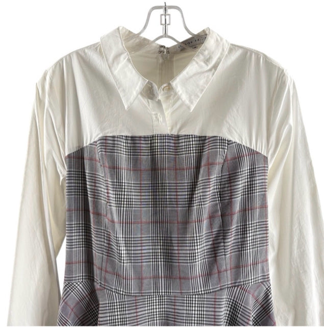 ENGLISH FACTORY Size MEDIUM White/Gray Plaid Long Sleeve Cotton DRESS
