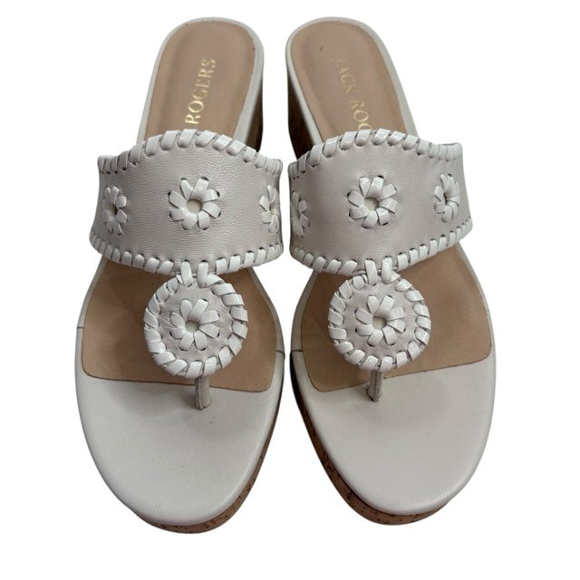 JACK ROGERS Size 7 1/2 White/Tan Wedge Heel Leather BOX SHOE