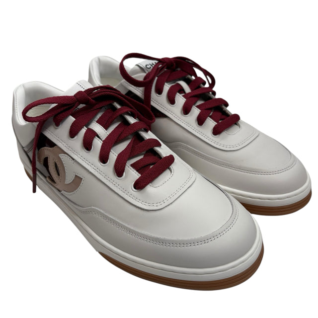 CHANEL Size 39 White/Red Sneaker Leather BOX SHOE