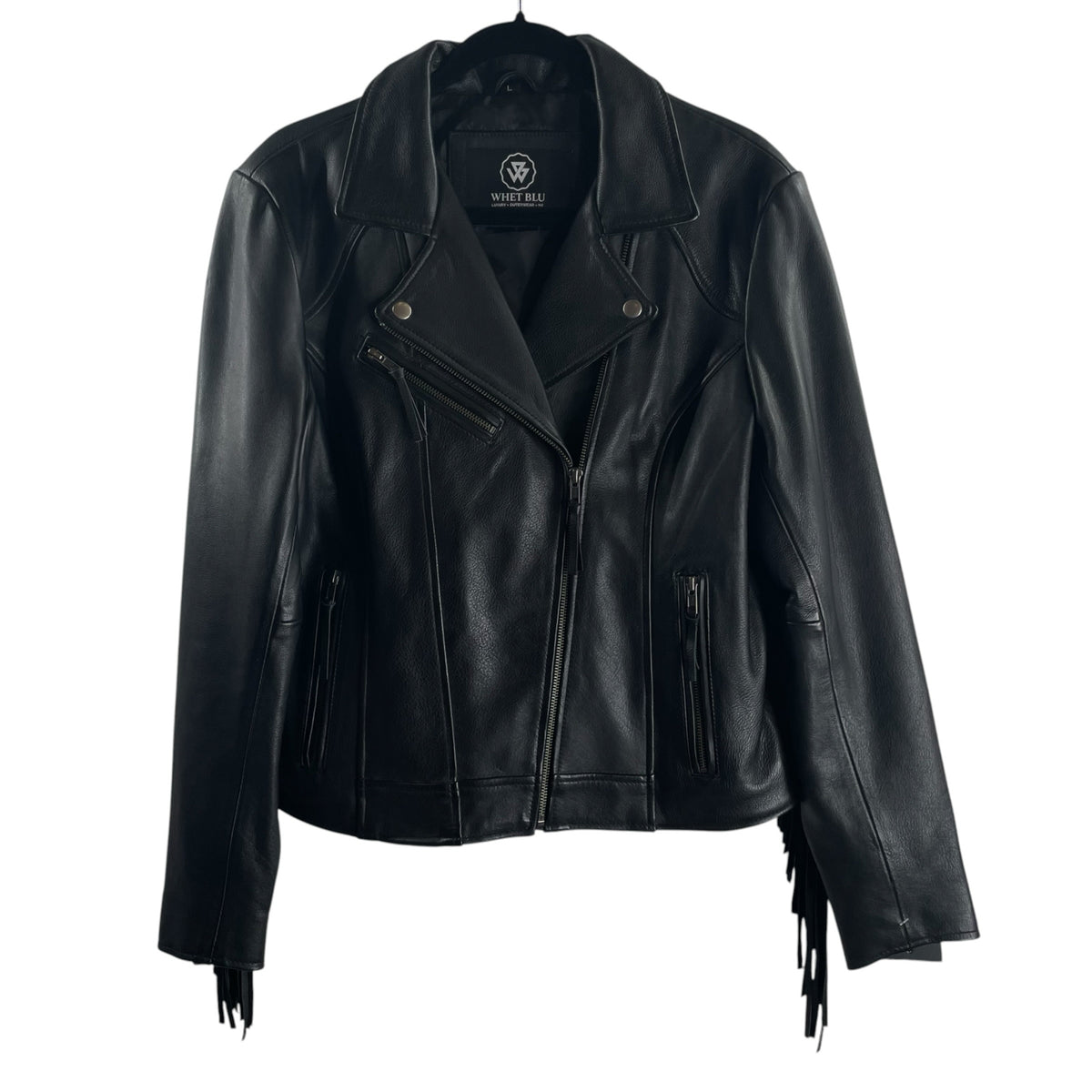 WHET BLU Size LARGE Black Fringe Details Leather NWT JACKET