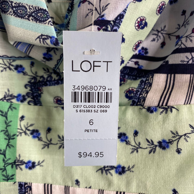 LOFT Size 6 PETITE Blue/Green Print Strappy Cotton Blend NWT DRESS