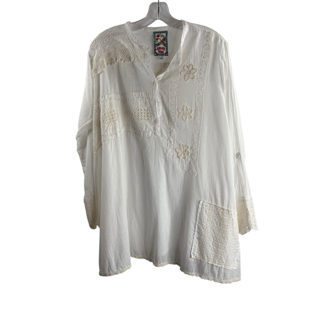 JOHNNY WAS Size MEDIUM White Lace details 3/4 Sleeve Tunic Length Cotton BLOUSE