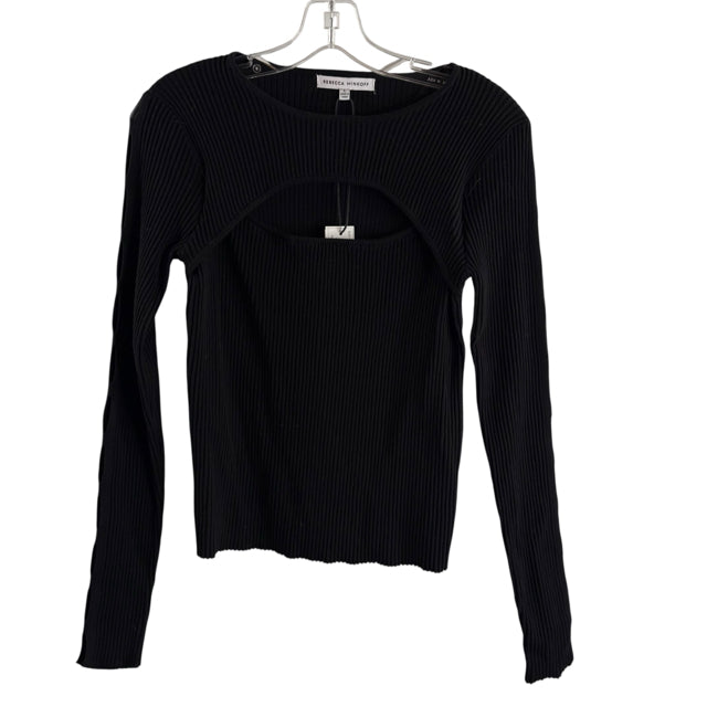 REBECCA MINKOFF Size LARGE Black Ribbed Long Sleeve Keyhole Cotton Blend SWEATER