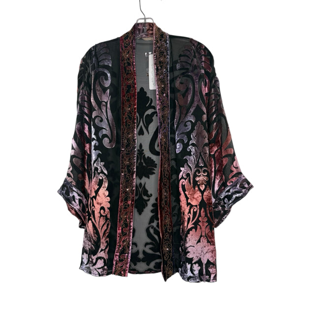 SOFT SURROUNDINGS Size L/XL Black/Multi Burnout Short Sleeve Open Front NWT TOP